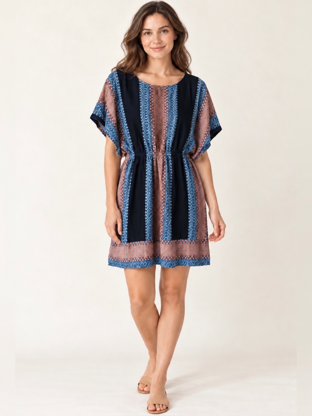 Ariat Dark Navy Multicolor Patchwork Print Dress Dolman Sleeves EUC XL #2376